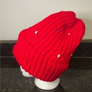 Teen/Adult Red Hand-Knit Knit Beanie with Purple and White Accents